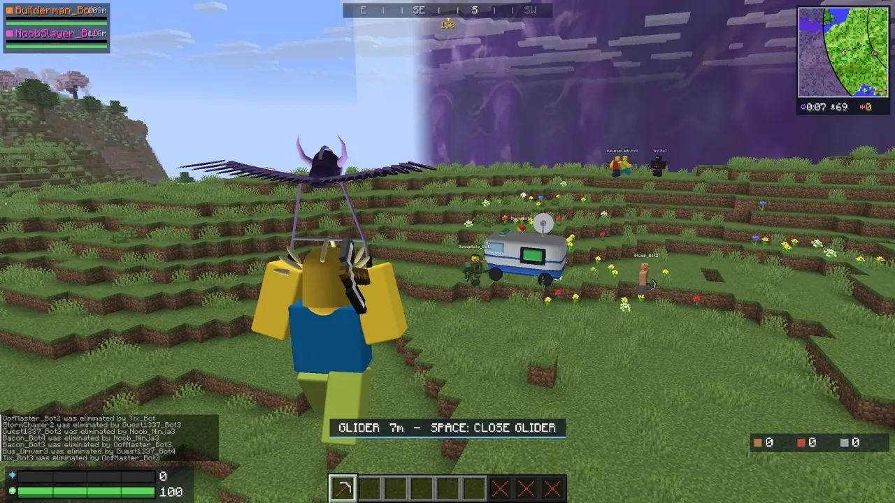 A blocky avatar glides over grassy Minecraft hills toward a Reboot Van, with the purple storm wall behind