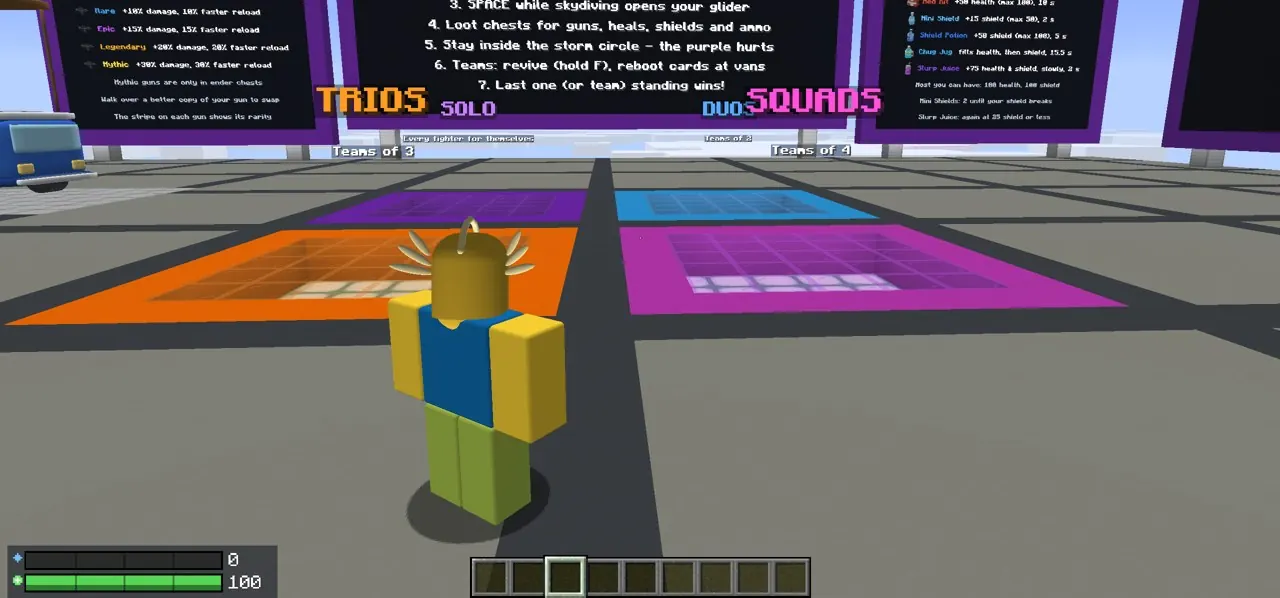 Standing on the Solo, Duos, Trios and Squads portals in the hub