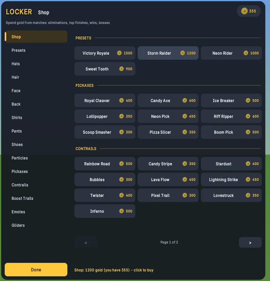 The Locker's new Shop tab, with presets, pickaxes and contrails priced in gold