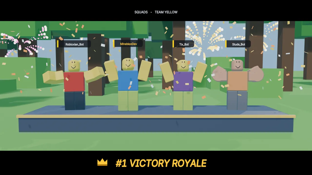 A squad of four celebrating on the team podium under confetti, with #1 Victory Royale below